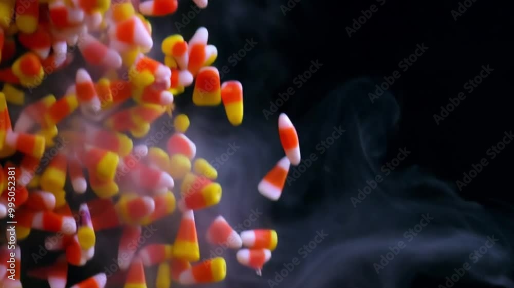 Colorful candy corn rain falling against a deep black background with swirling mist.