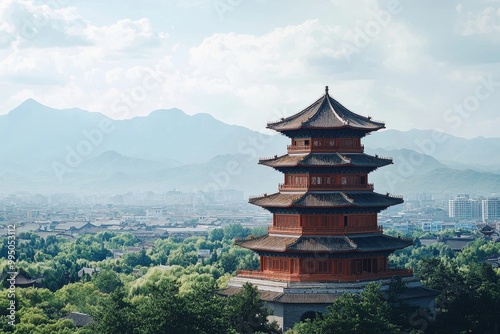 Ancient Chinese wooden pagoda in a vast open plain, traditional architecture with layered flying eaves, solemn and majestic, red-brown wood structure, surrounded by a sprawling city with green trees, 