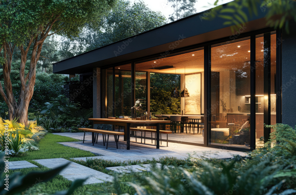 Modern house with a terrace and dining area, offering a garden view. The exterior of the modern home is made from black wood cladding and white walls