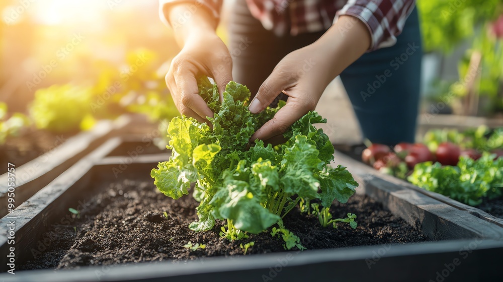 Person harvesting fresh lettuce from a home garden bed during sunset. Person harvesting fresh lettuce from a home garden bed during sunset.