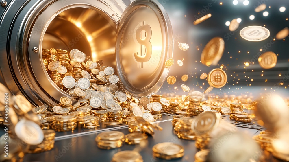 Gold Coins Pouring Out of a Vault. Gold Coins Pouring Out of a Vault.