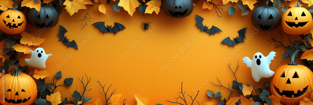 Spooky Halloween pumpkins, bats, and ghosts on an orange background. Spooky Halloween pumpkins, bats, and ghosts on an orange background.