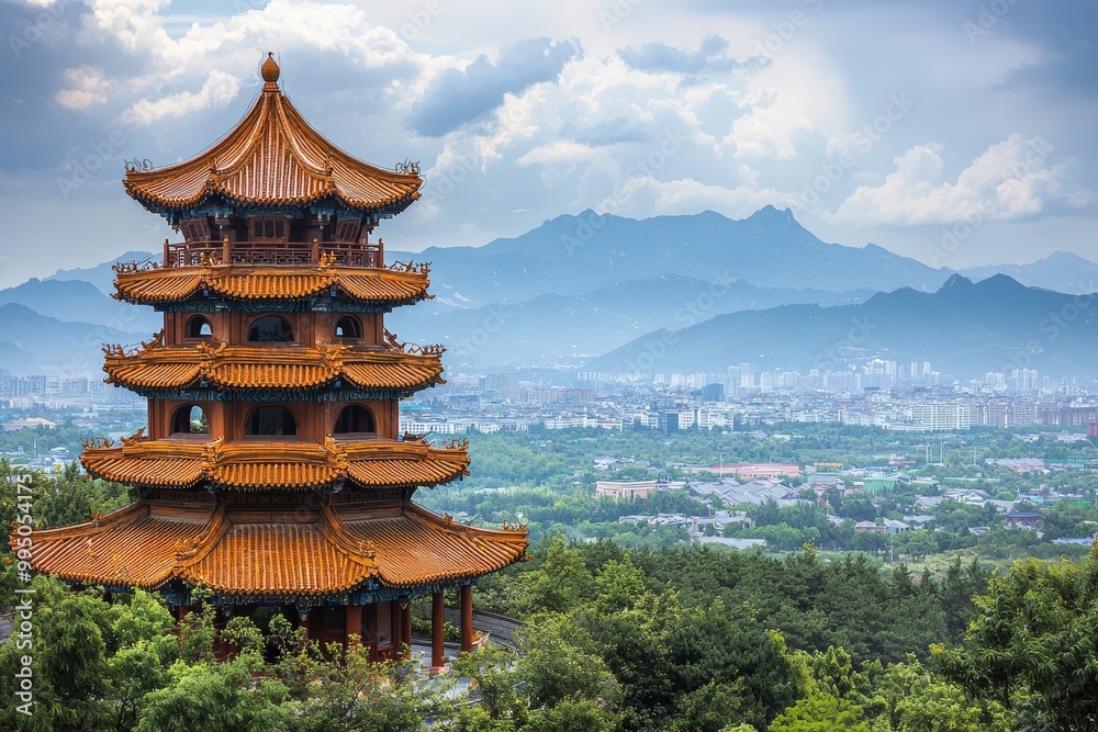 Ancient Chinese wooden pagoda in a vast open plain, traditional architecture with layered flying eaves, solemn and majestic, red-brown wood structure, surrounded by a sprawling city with green trees, Ancient Chinese wooden pagoda in a vast open plain, traditional architecture with layered flying eaves, solemn and majestic, red-brown wood structure, surrounded by a sprawling city with green trees,