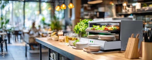 Modern Restaurant Counter with Clean Plates and Dishes.