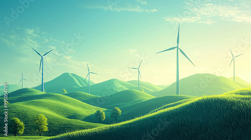 A field of windmills is shown in the distance