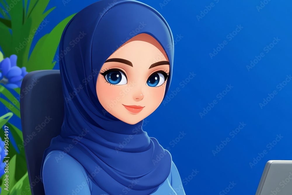 Trendy Individual in Blue Hijab with a Modern Laptop Against a Vibrant Background Trendy Individual in Blue Hijab with a Modern Laptop Against a Vibrant Background