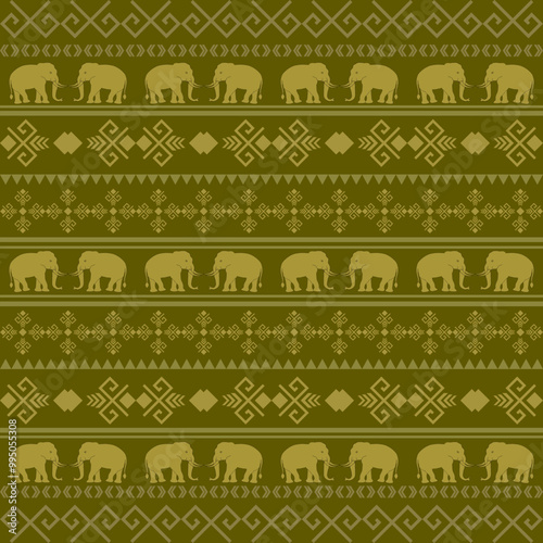 Elephant March: Ornamental Thai Textile Art with Tribal Geometric Patterns  Inspired by Southeast Asian Folk Patterns for fabric print,home decor,wallpaper, cover
