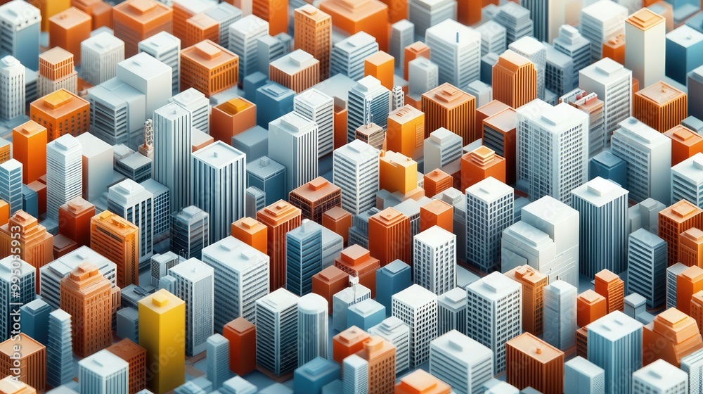 Fototapeta premium A vibrant aerial view of a modern cityscape with intricately arranged buildings in various colors, showcasing urban density and architectural diversity.