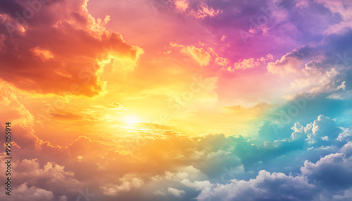 A dreamy sky transitioning from a golden sunset to a full spectrum of rainbow colors, giving off a vibrant yet calming feel