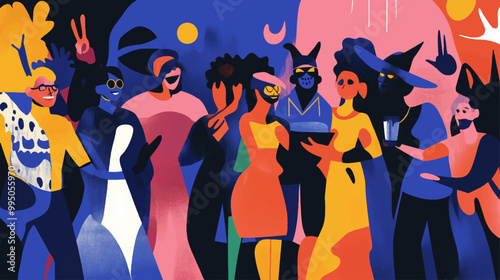 Vector of Masquerade party with different people and customs, colorful illustration with diverse of shapes