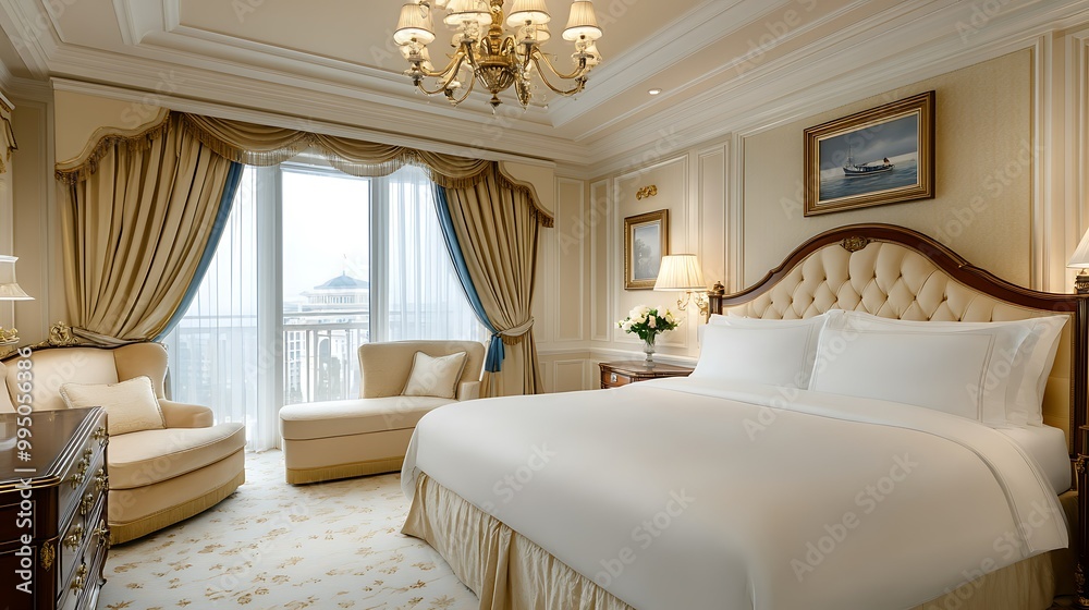 Elegant hotel room with luxurious furnishings and decor. Elegant hotel room with luxurious furnishings and decor.
