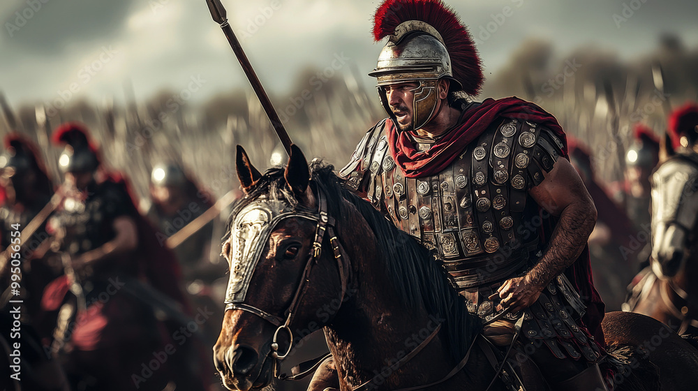 Naklejka premium “Steed of Valor: Roman Warrior in Ornate Battle Gear”