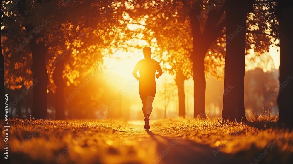 Runner silhouette in sunset through a tree-lined path, dynamic and inspiring scene. Runner silhouette in sunset through a tree-lined path, dynamic and inspiring scene.