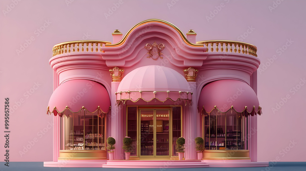 Pink Storefront with Golden Accents and Awnings Pink Storefront with Golden Accents and Awnings