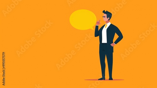 Cute businessman avatar standing with copy space speech bubble in confidence posing. Cartoon style mascot speaking represent friendly management quotes for business strategy or investment plan. AIG53.