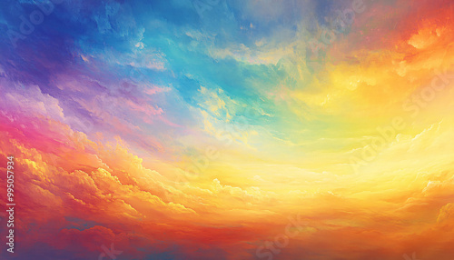 A dreamy sky transitioning from a golden sunset to a full spectrum of rainbow colors, giving off a vibrant yet calming feel