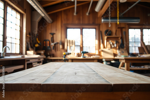 Woodworking Workbench with Blurred Workshop Background.generative AI