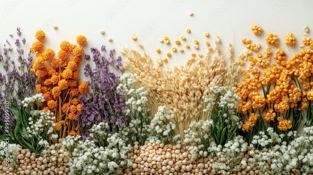 Colorful arrangement of dried flowers and grains on a light background.