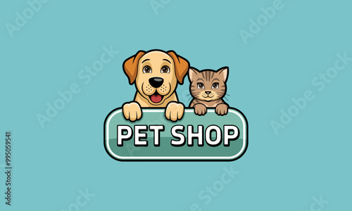 Cat and dog together on a pet shop sign with a blue background.
