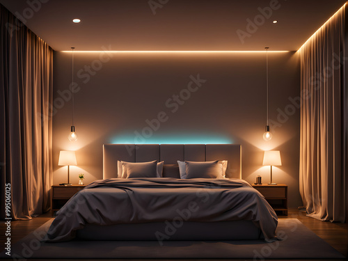 Interior of bedroom with glowing lights and lamps at night