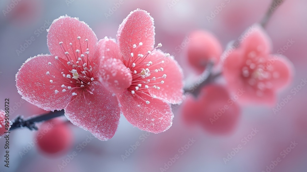 Delicate pink flowers covered in frost on a branch. Delicate pink flowers covered in frost on a branch.