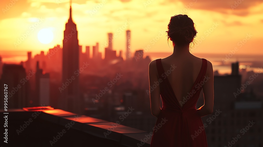 Silhouette of a woman in a red dress overlooking a sunset cityscape. Silhouette of a woman in a red dress overlooking a sunset cityscape.