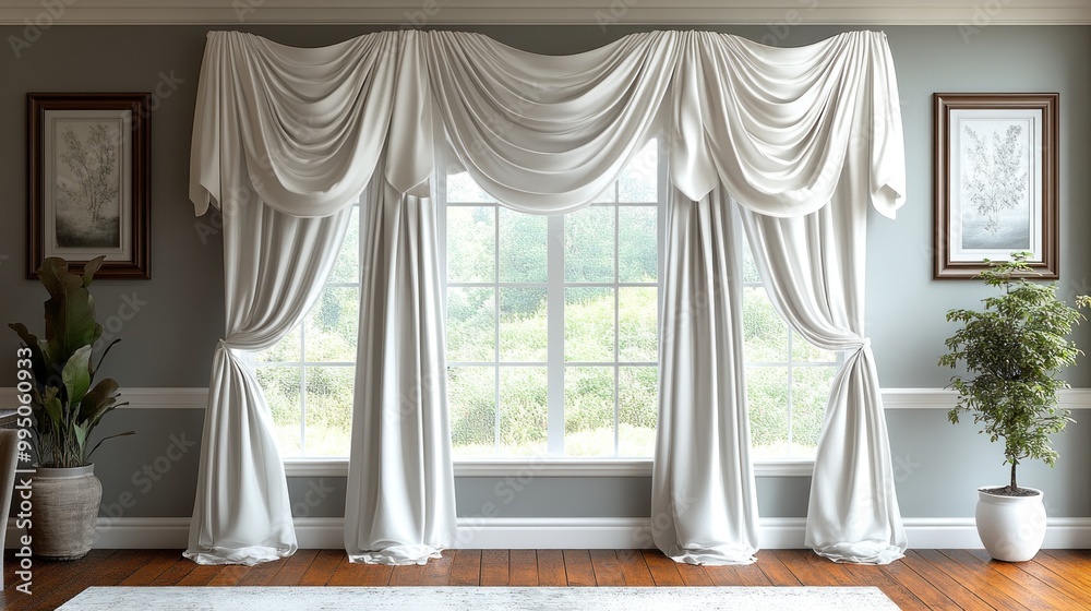 Elegant white draped curtains framing a bright window view. Elegant white draped curtains framing a bright window view.