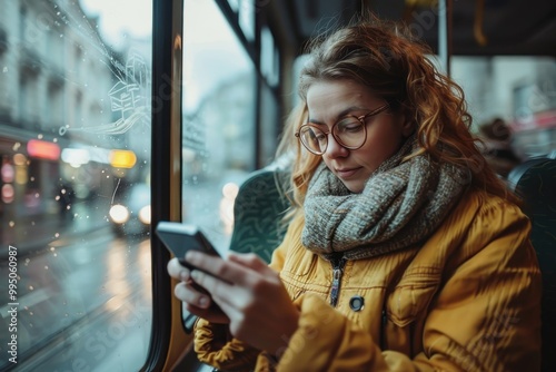 A woman is sitting on a bus and looking at her cell phone photo