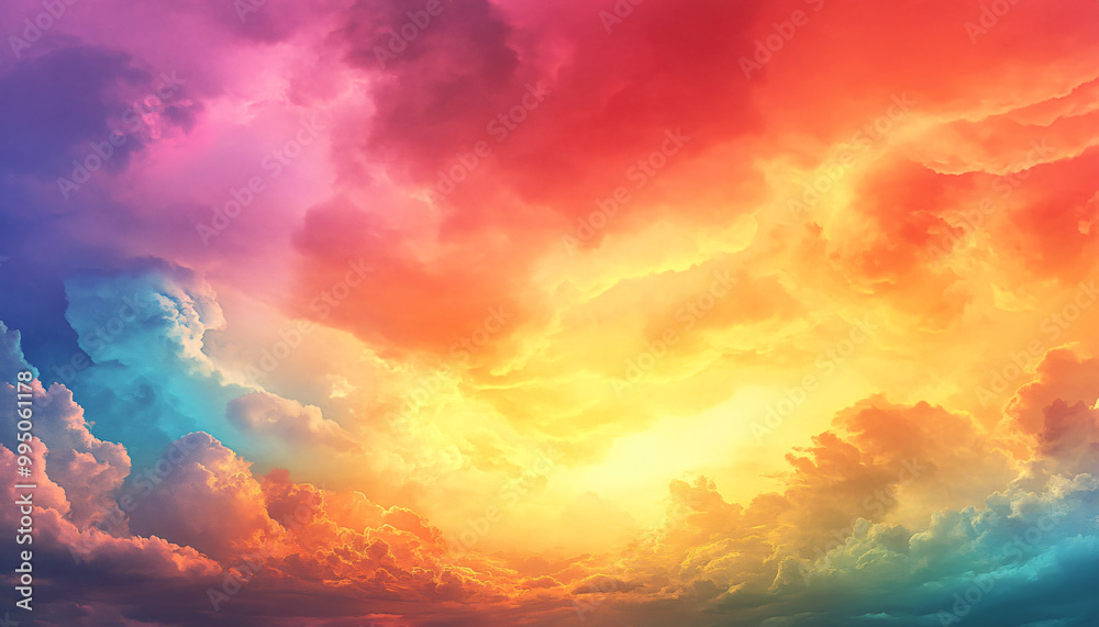 Obraz premium A dreamy sky transitioning from a golden sunset to a full spectrum of rainbow colors, giving off a vibrant yet calming feel