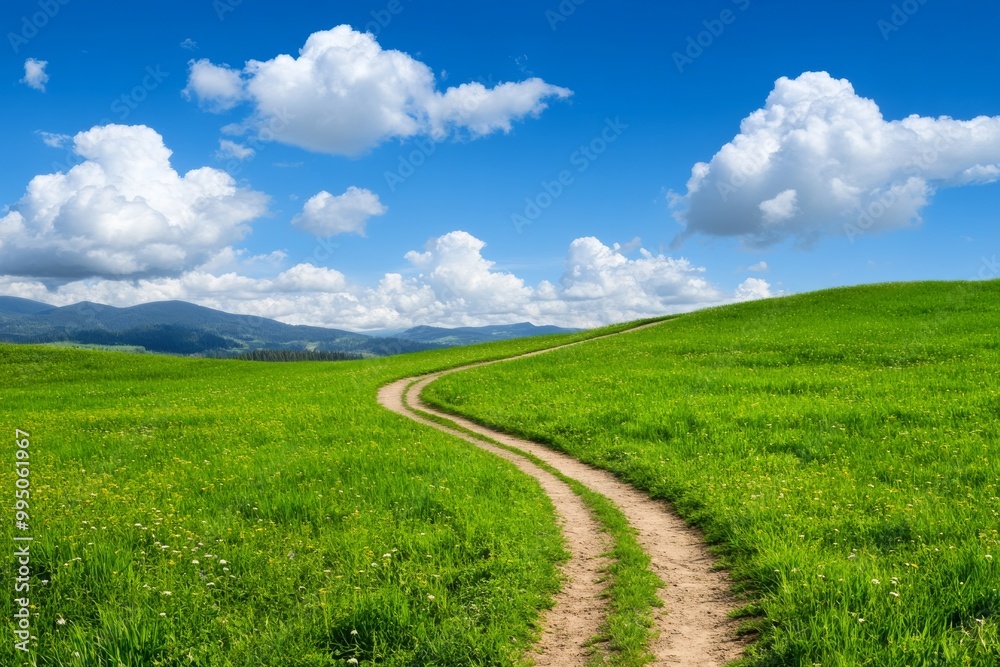 Meandering Path Through Vibrant Green Fields Under Blue Skies Meandering Path Through Vibrant Green Fields Under Blue Skies