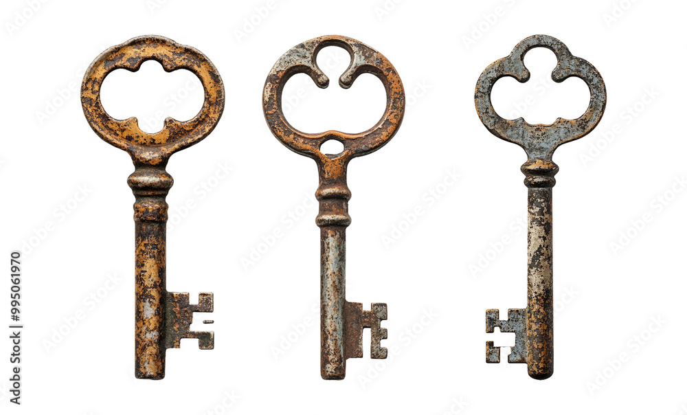 Antique keys collection on transparent background Antique keys collection on transparent background