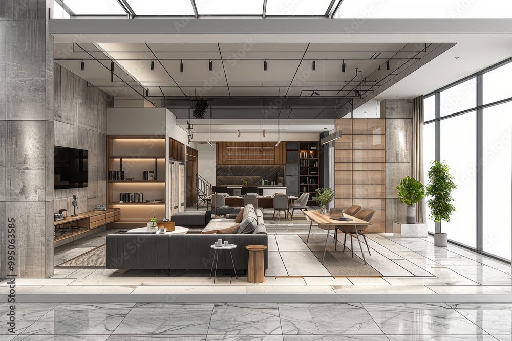 Fototapeta premium A large, modern living room with a white ceiling and a large window