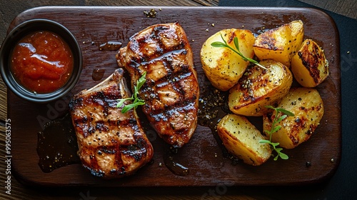 Grilled chicken steak served with roasted potatoes and a side of sauce on a rustic wooden board. photo