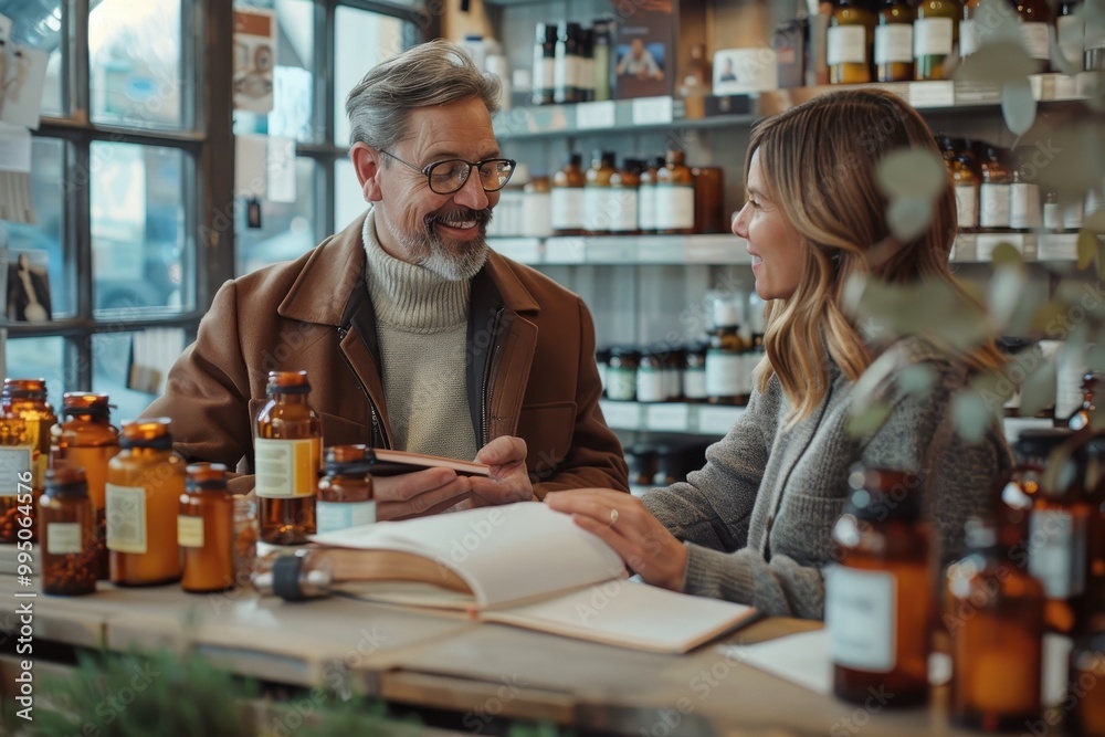 A man and a woman are talking in a store A man and a woman are talking in a store