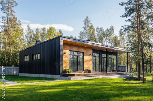 Modern small house with dark gray metal cladding and wooden elements, surrounded by green grass 