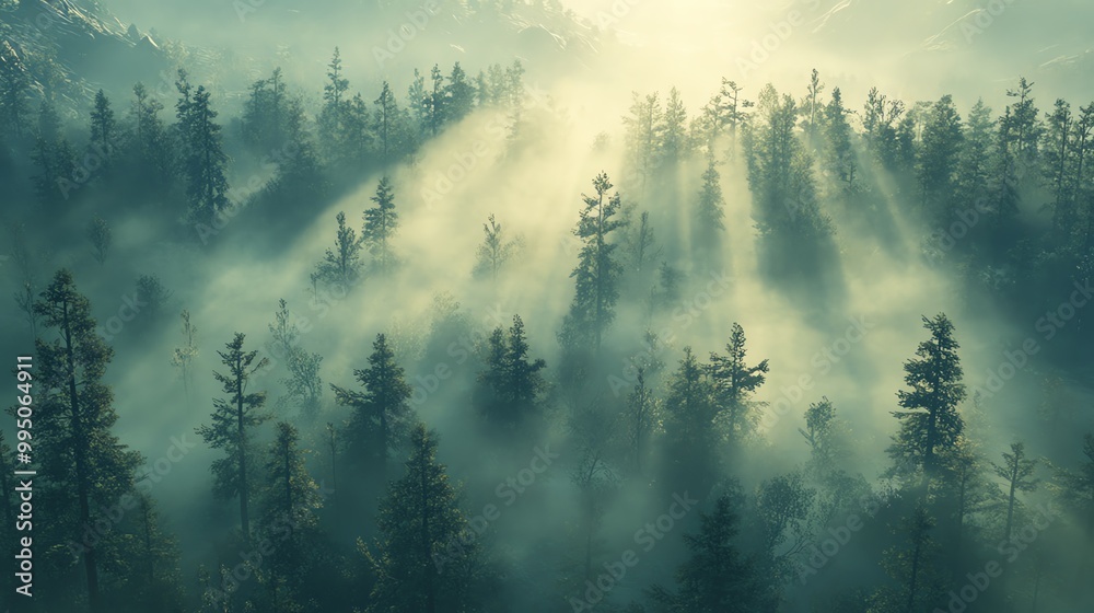 Sun rays shining through misty forest, creating a serene and magical atmosphere. Sun rays shining through misty forest, creating a serene and magical atmosphere.