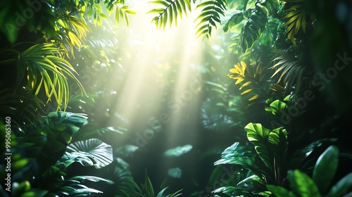 Sunlight streaming through lush green foliage in a vibrant jungle setting.