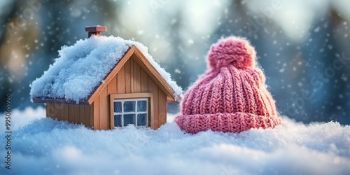 Cozy winter scene with snow and knit hat photo