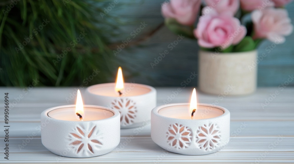 A serene arrangement of decorative candles on a wooden table, creating a warm and inviting ambiance alongside fresh flowers. A serene arrangement of decorative candles on a wooden table, creating a warm and inviting ambiance alongside fresh flowers.