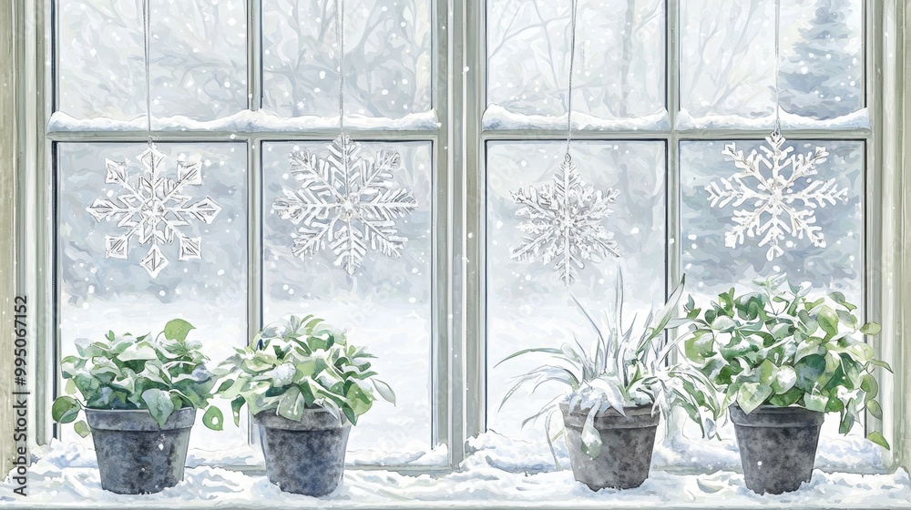 A serene winter scene featuring potted plants by a snowy window, creating a cozy atmosphere amidst falling snowflakes. A serene winter scene featuring potted plants by a snowy window, creating a cozy atmosphere amidst falling snowflakes.