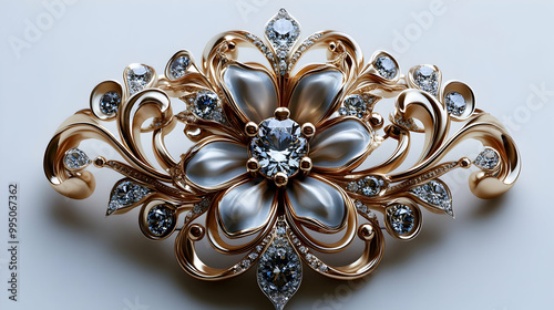 Gold Floral Brooch with Dia...