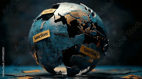 A creatively designed globe featuring labels of sanctions, symbolizing global challenges and political dynamics.