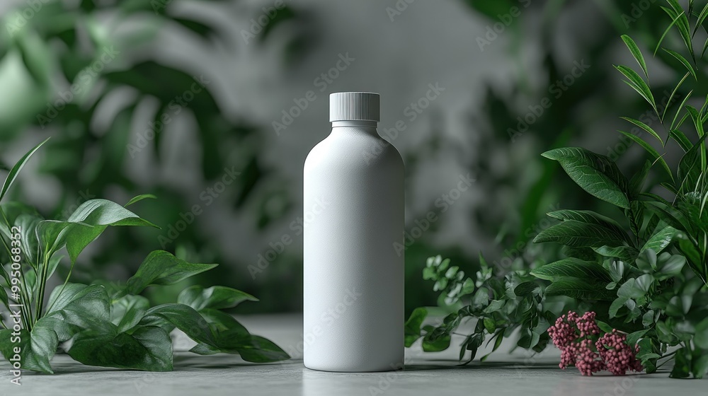 A minimalist white bottle surrounded by lush green plants. A minimalist white bottle surrounded by lush green plants.