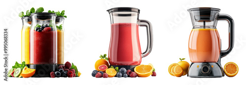 Fresh smoothies in colorful blenders with fruits