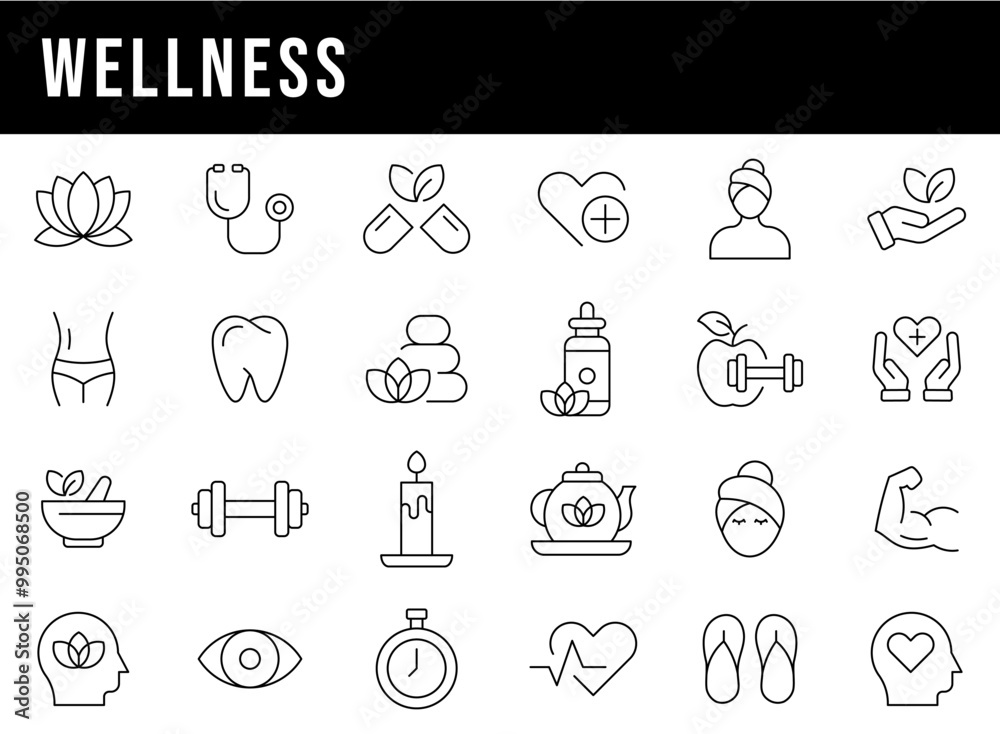Wellness Line Editable Icons set. Vector illustration in thin line modern style of remotely mental health related icons Wellness Line Editable Icons set. Vector illustration in thin line modern style of remotely mental health related icons