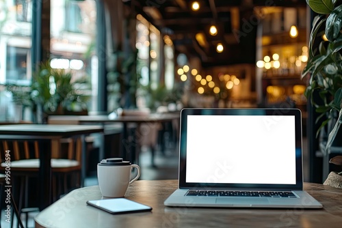 Laptop computer blank white screen and mobile on table in cafe .generative ai