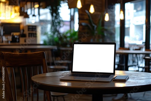 Laptop computer blank white screen and mobile on table in cafe .generative ai