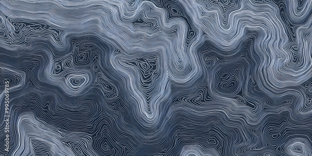 Abstract Topographic Line Map Background with Wavy Contours in Dark Blue, white.
