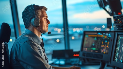 The air traffic controllers monitor and manage aircraft movements from a control tower overlooking a busy airport runway at sunset. photo
