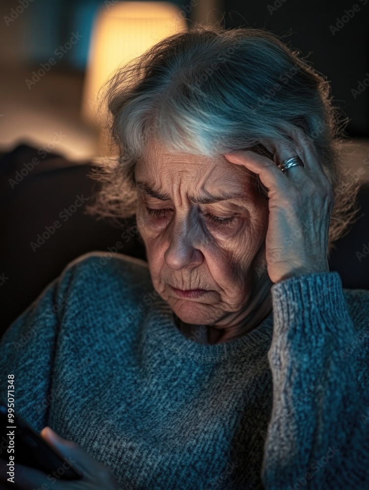 Older Woman Scrolling on Phone, Deep in Thought or Concern